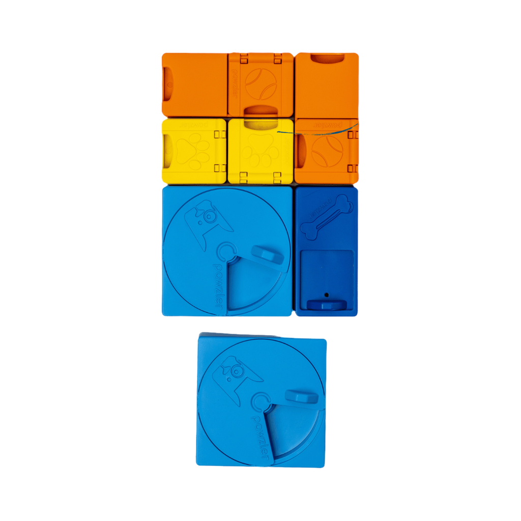 Modules orange, jaunes et bleus empilés en colonne