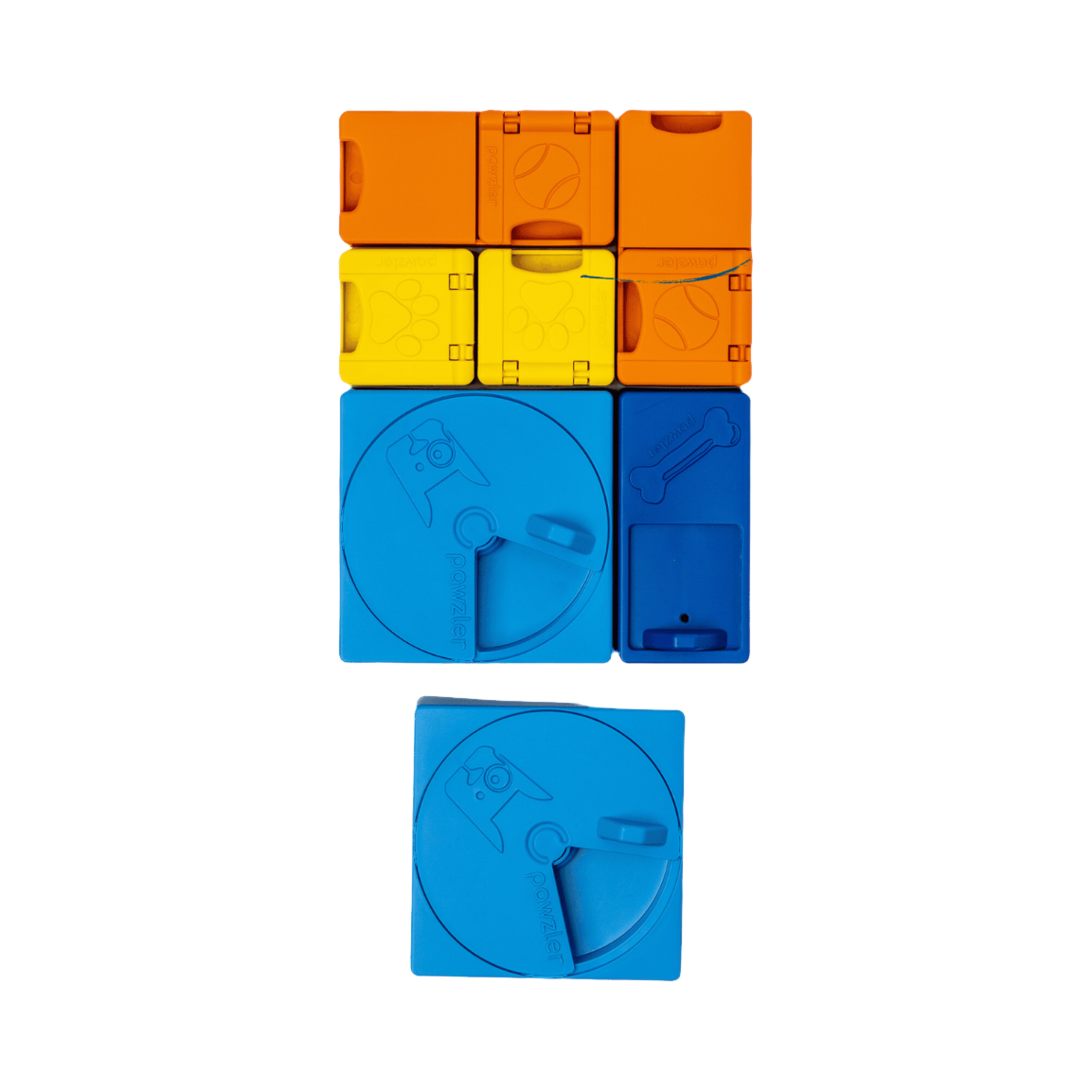 Modules orange, jaunes et bleus empilés en colonne