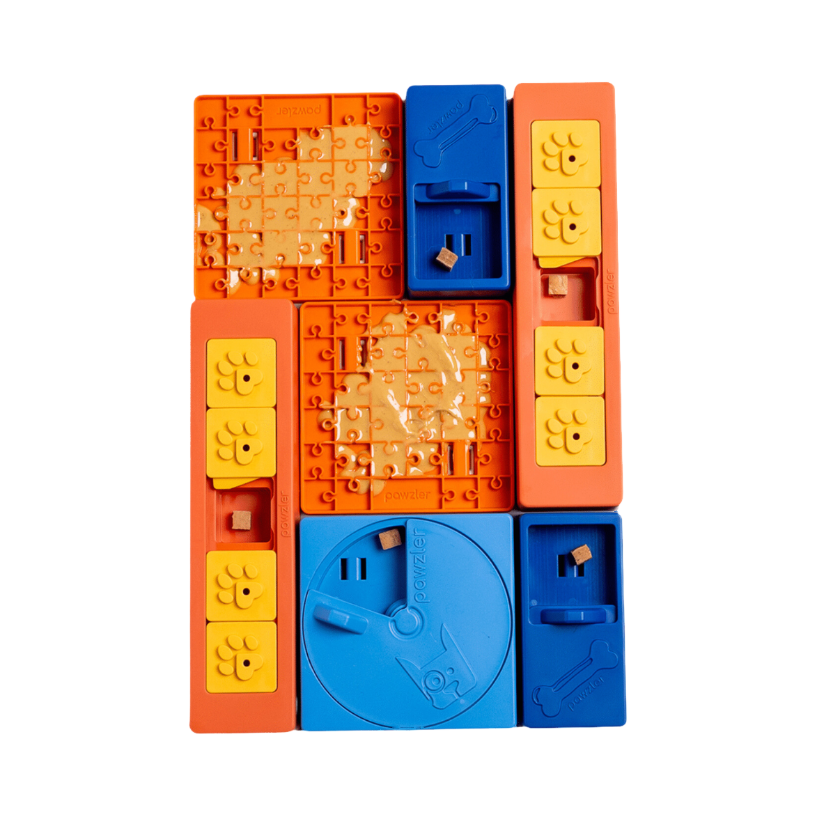Plateau modulable orange, jaune et bleu garni de friandises