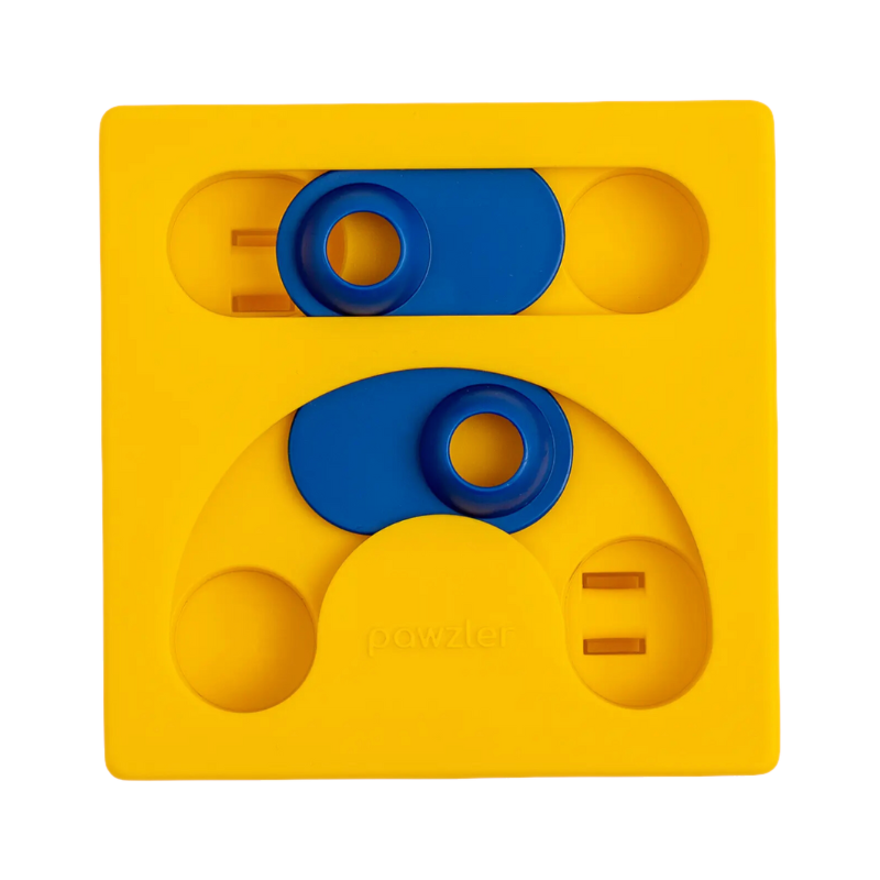 Carré jaune avec deux curseurs bleus et cavités à friandises