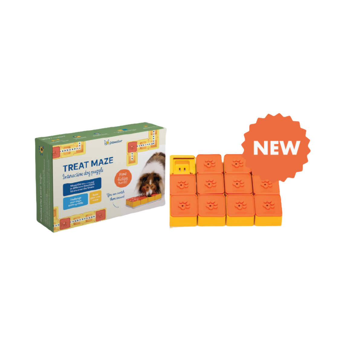 Emballage coloré et puzzle orange à six cases avec badge NEW