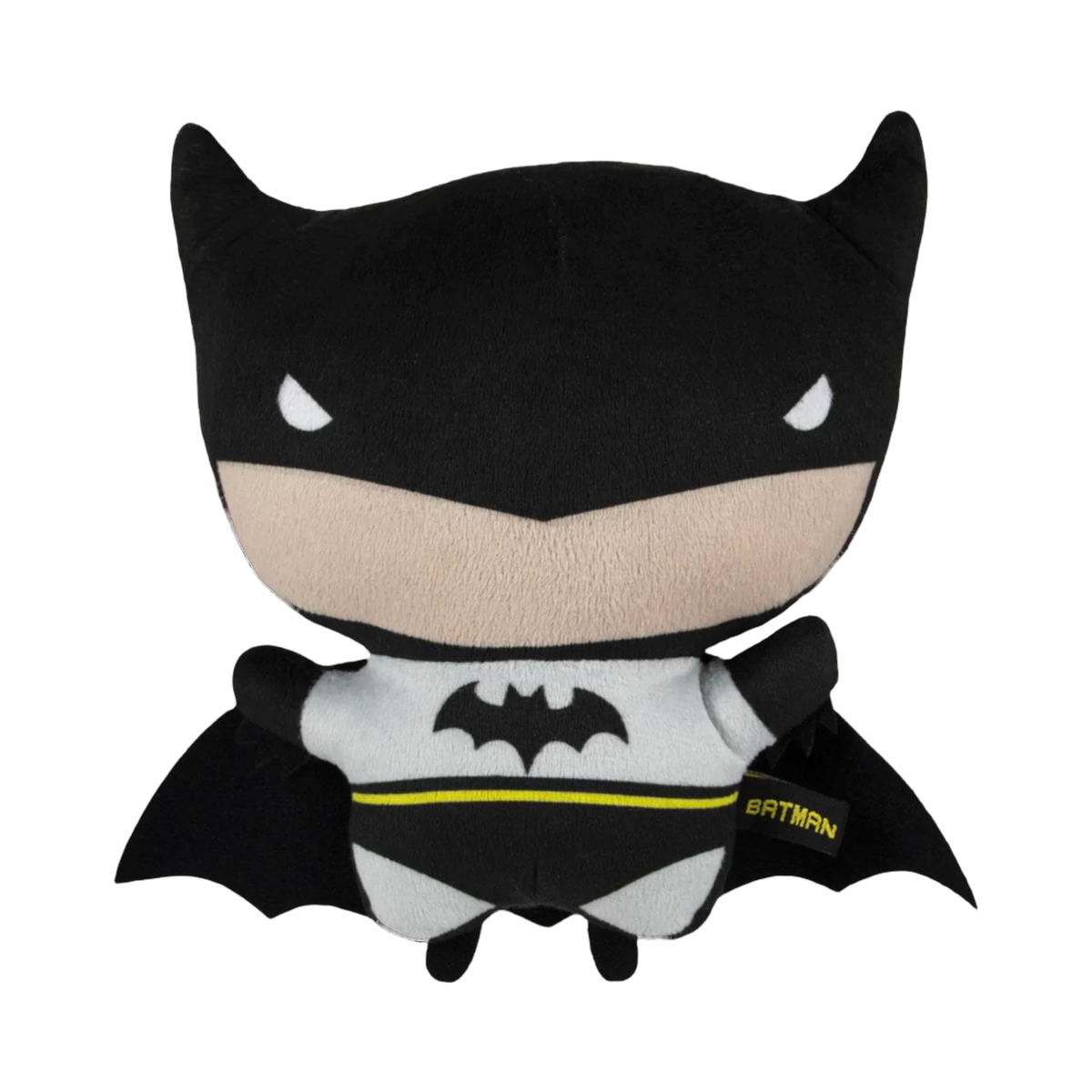 Batman en peluche noire, cape déployée et logo chauve-souris