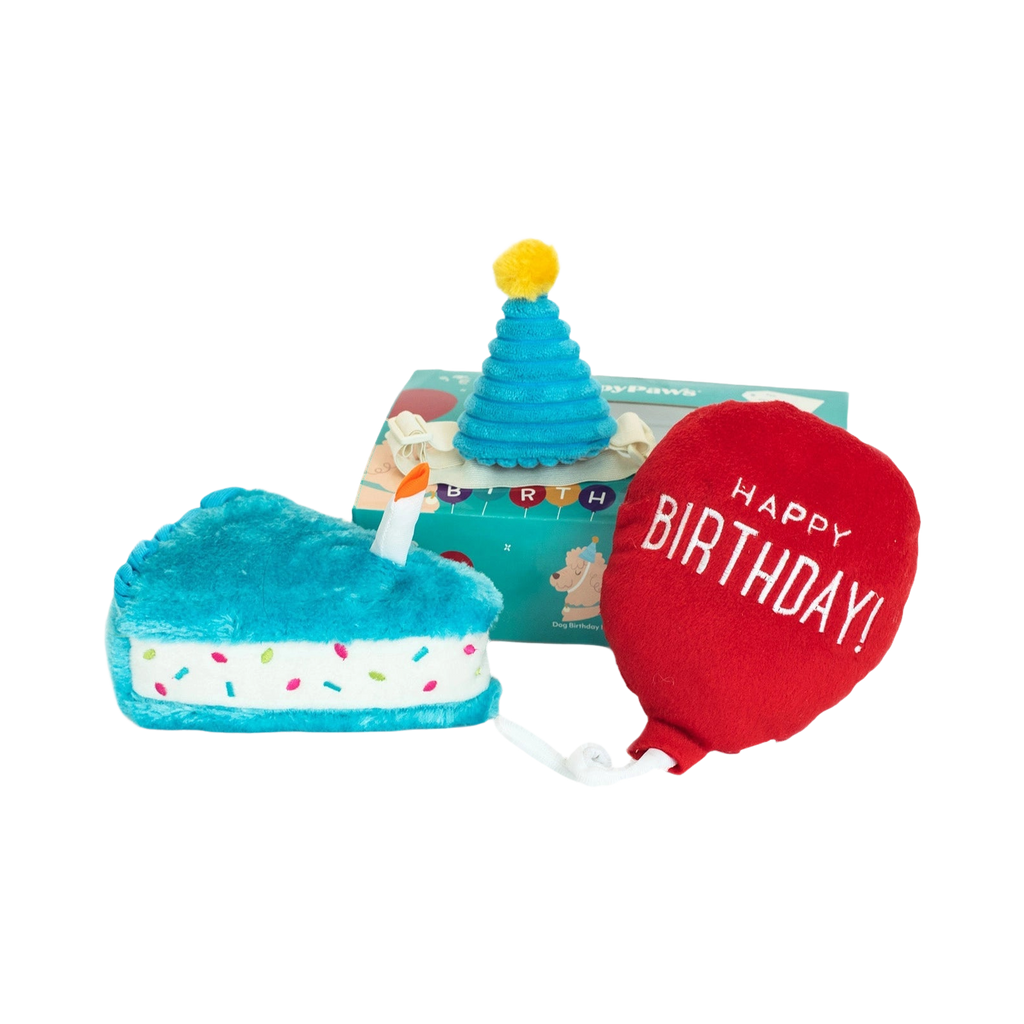 Gâteau d'anniversaire, chapeau pointu et ballon rouge Happy Birthday