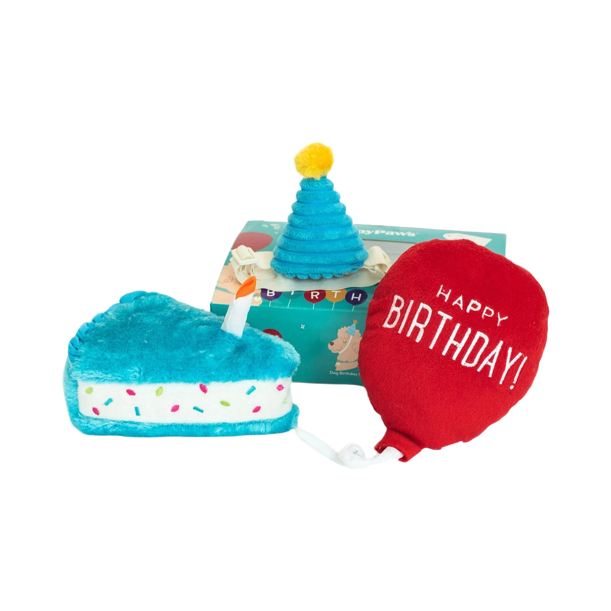 Gâteau d'anniversaire, chapeau pointu et ballon rouge Happy Birthday