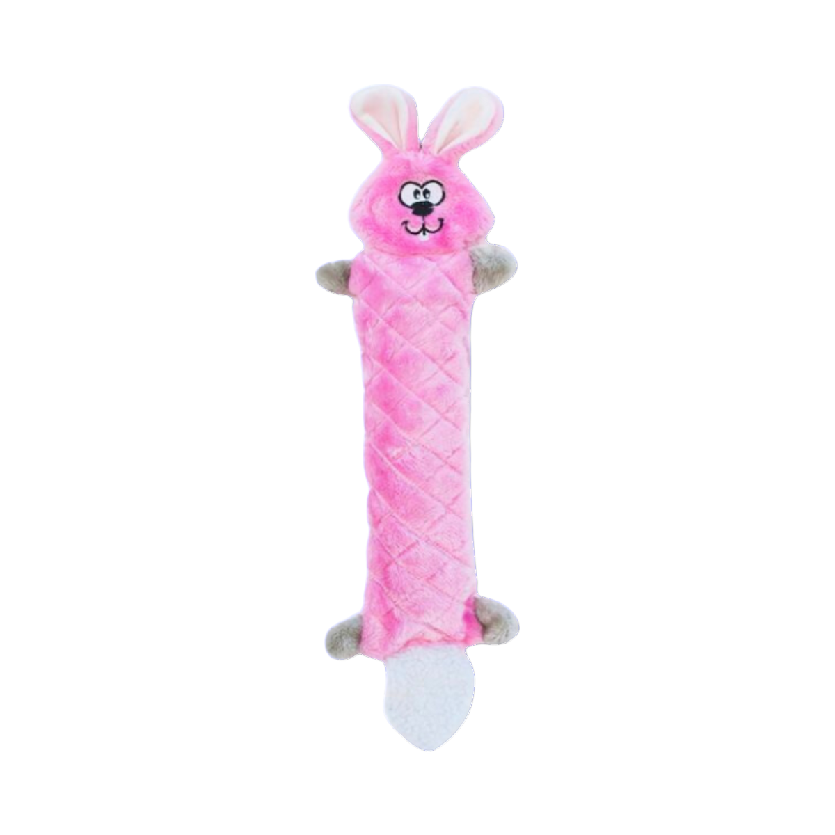 Lapin rose allongé au corps matelassé et queue blanche