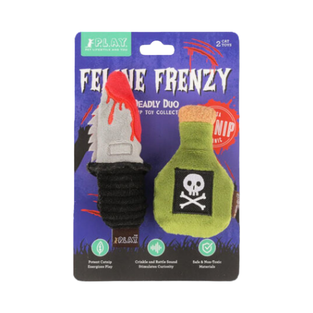 Lame et fiole verte à tête de mort dans leur blister Feline Frenzy