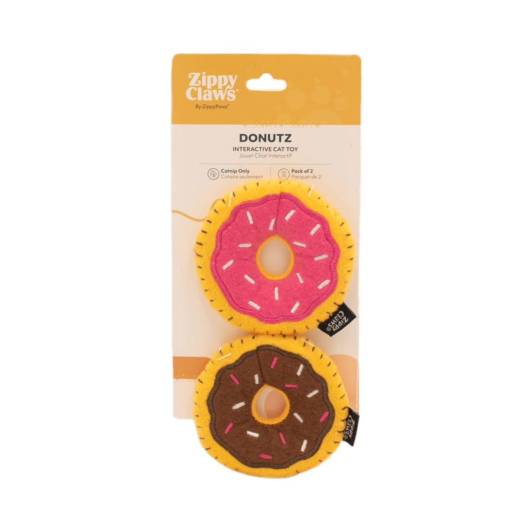 Duo de beignets rose et chocolat dans leur emballage carton
