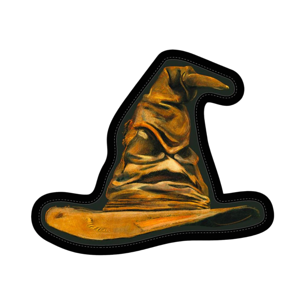 Chapeau pointu brun et doré au bord noir, vu de face