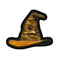 Chapeau pointu brun et doré au bord noir, vu de face