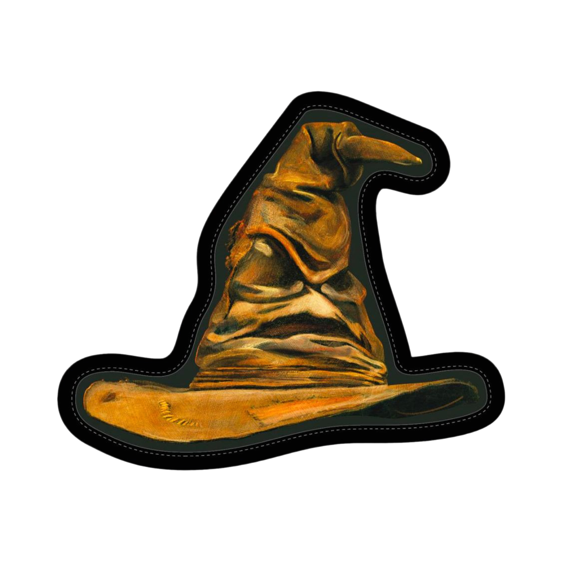 Chapeau pointu brun et doré au bord noir, vu de face