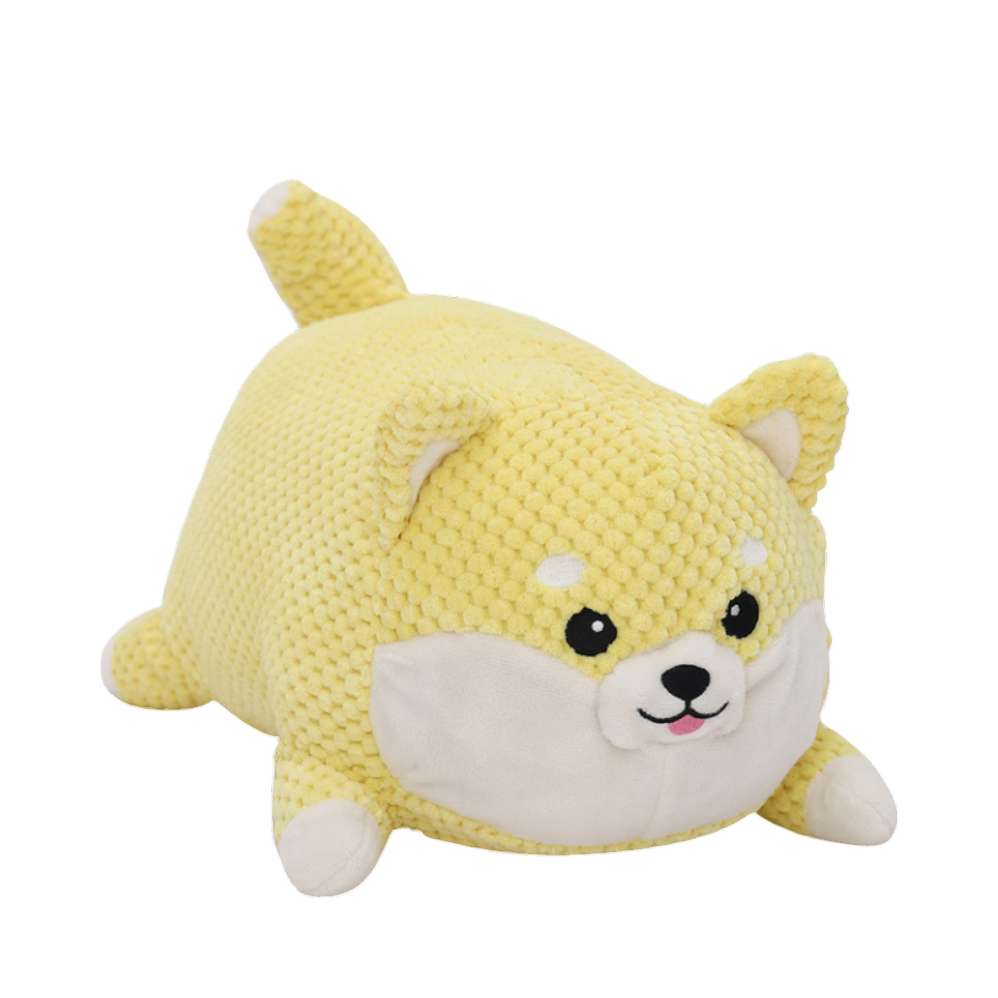 Chien jaune et crème tout rond, couché les pattes en avant