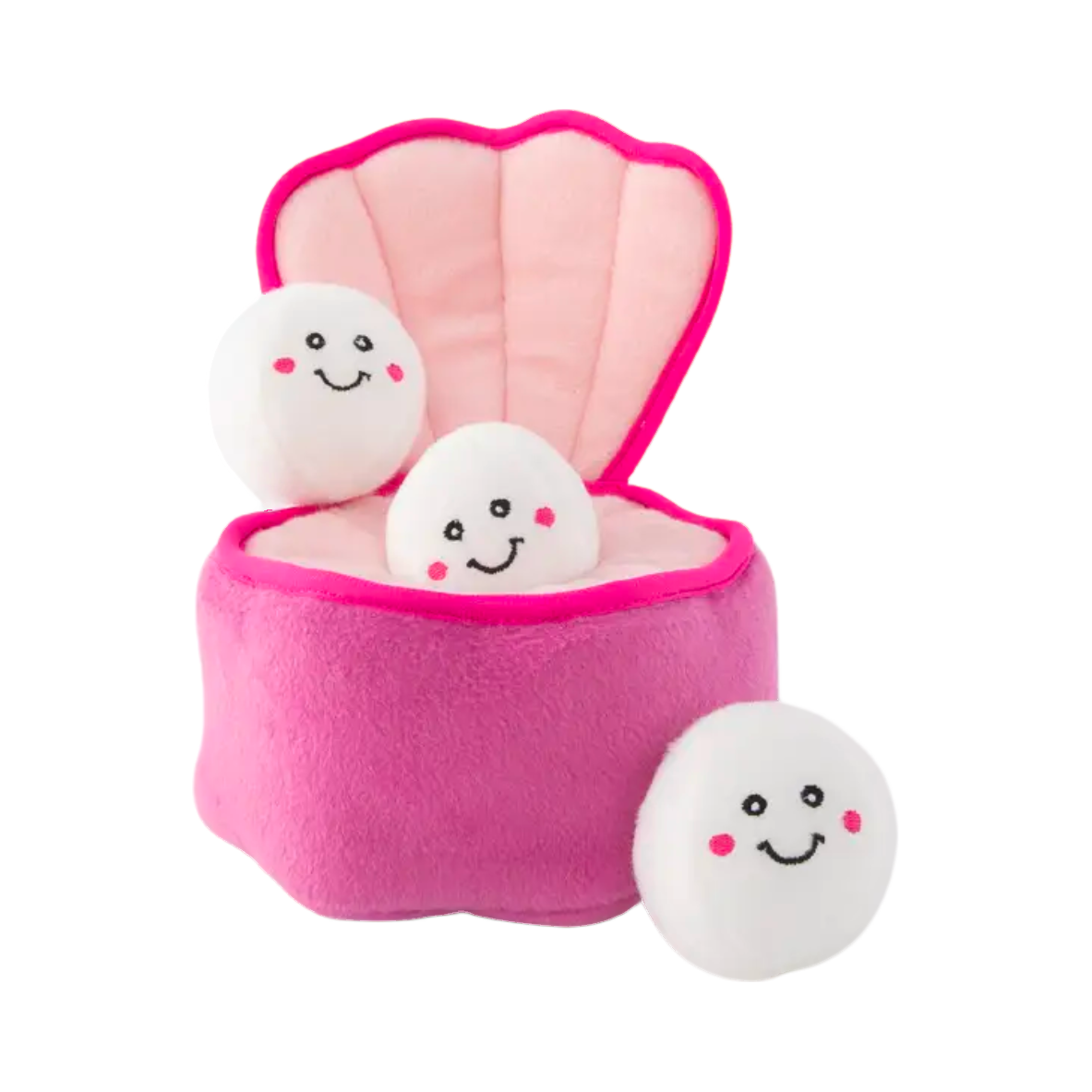 Coquille d'huître rose ouverte et trois perles souriantes