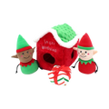Maisonnette rouge au toit vert, deux lutins et un paquet cadeau