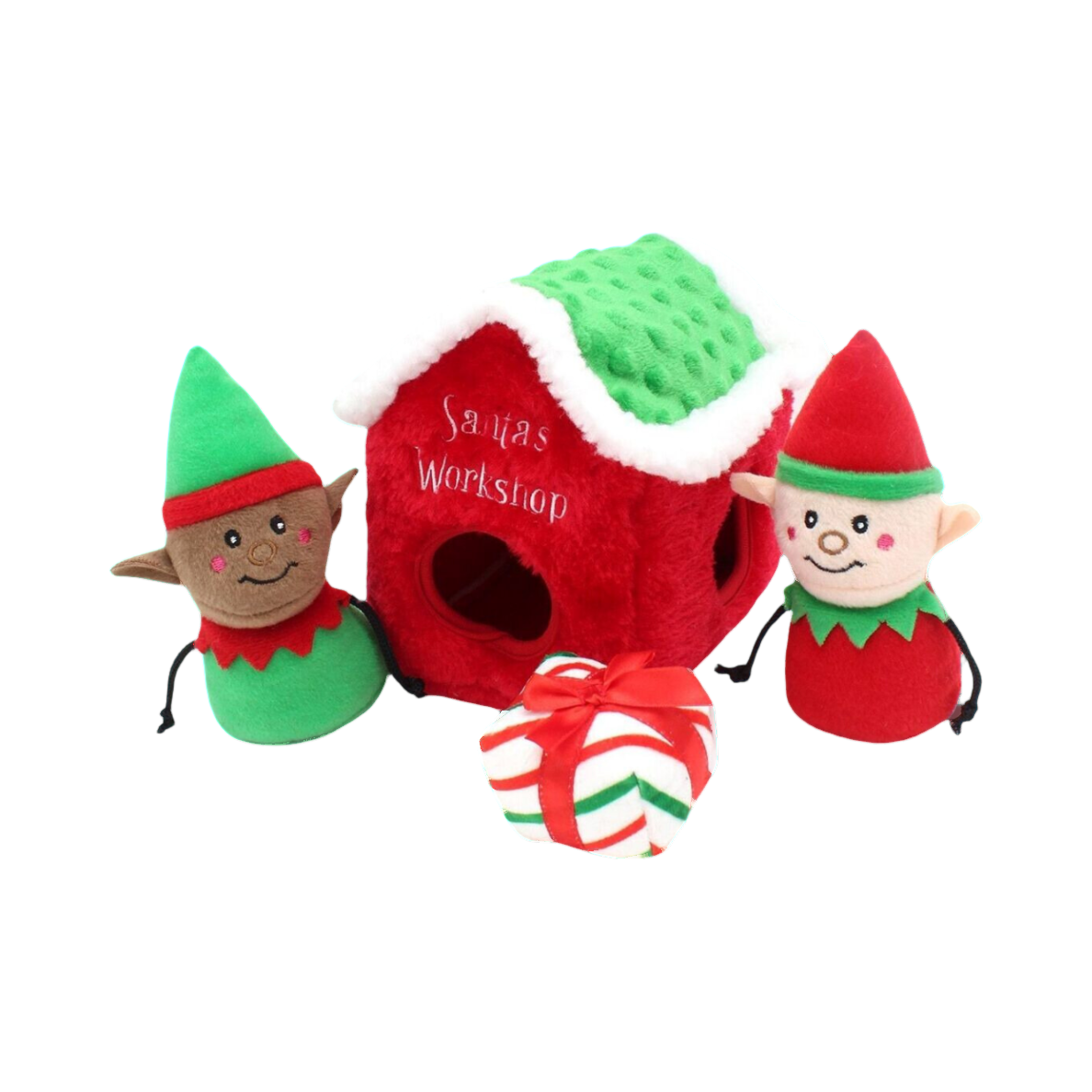 Maisonnette rouge au toit vert, deux lutins et un paquet cadeau