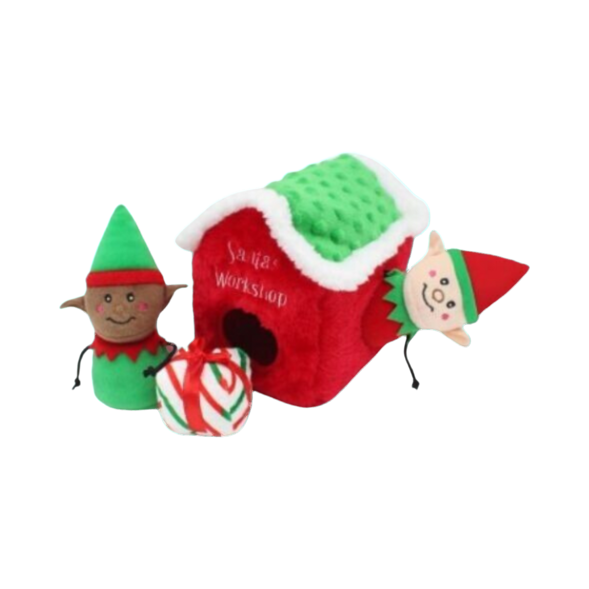 Lutin sortant de la maisonnette rouge à côté d'un cadeau rayé