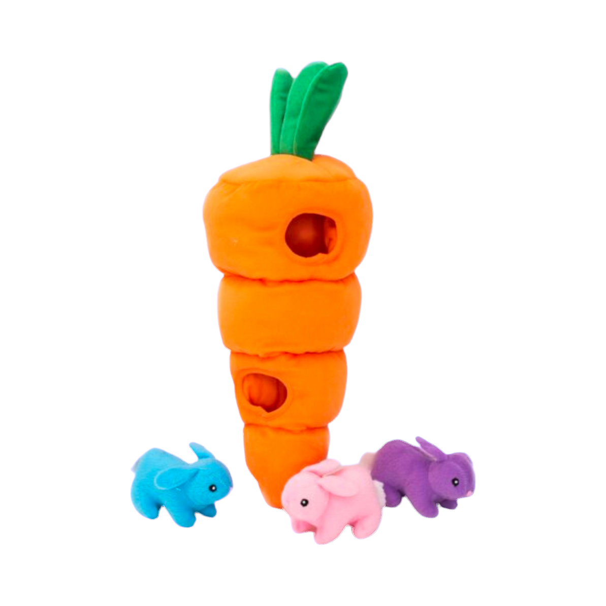Carotte orange debout et ses trois lapins bleu, rose et violet