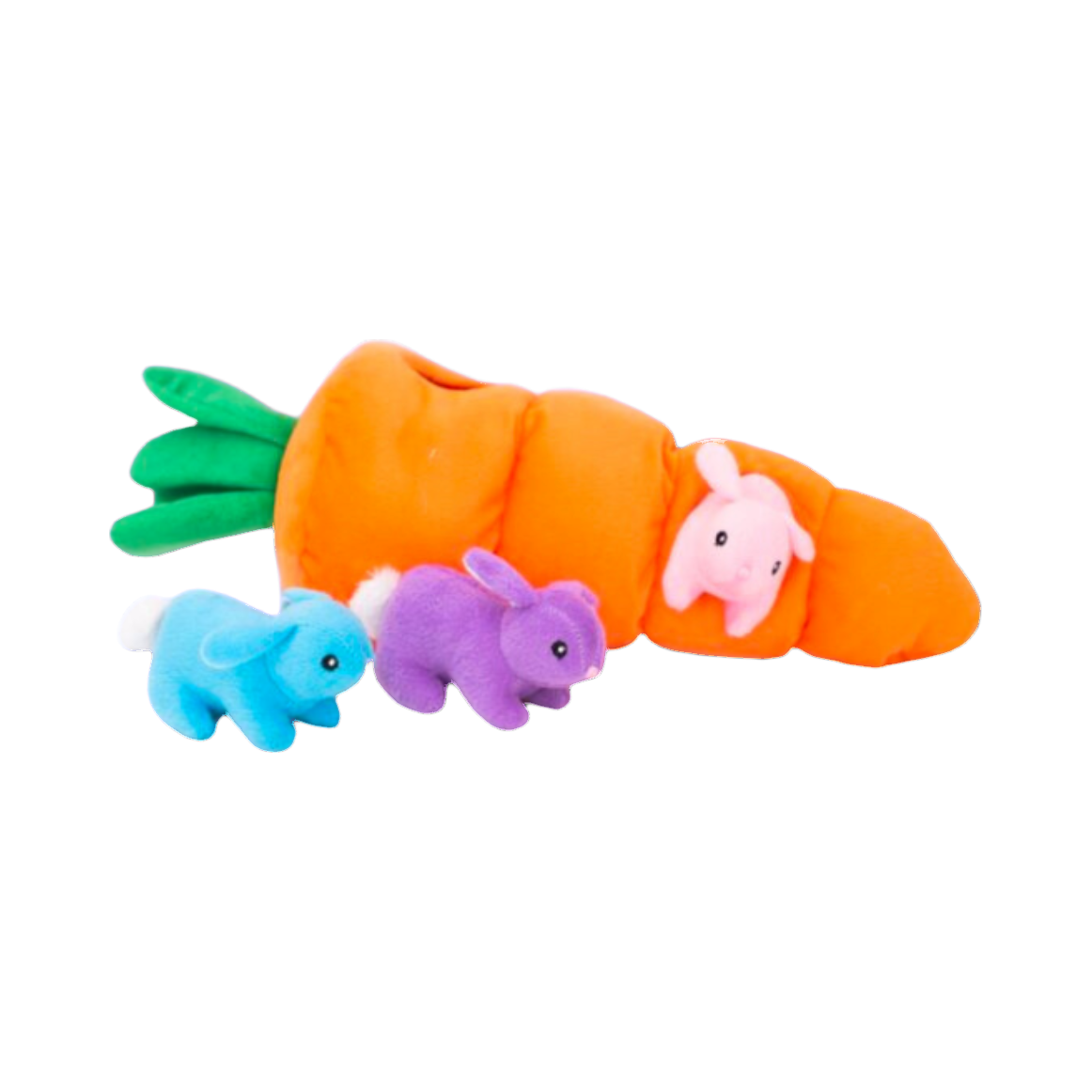 Carotte couchée avec les petits lapins pastel à ses pieds