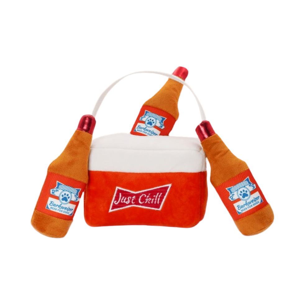 Glacière rouge Just Chill et trois bouteilles orange
