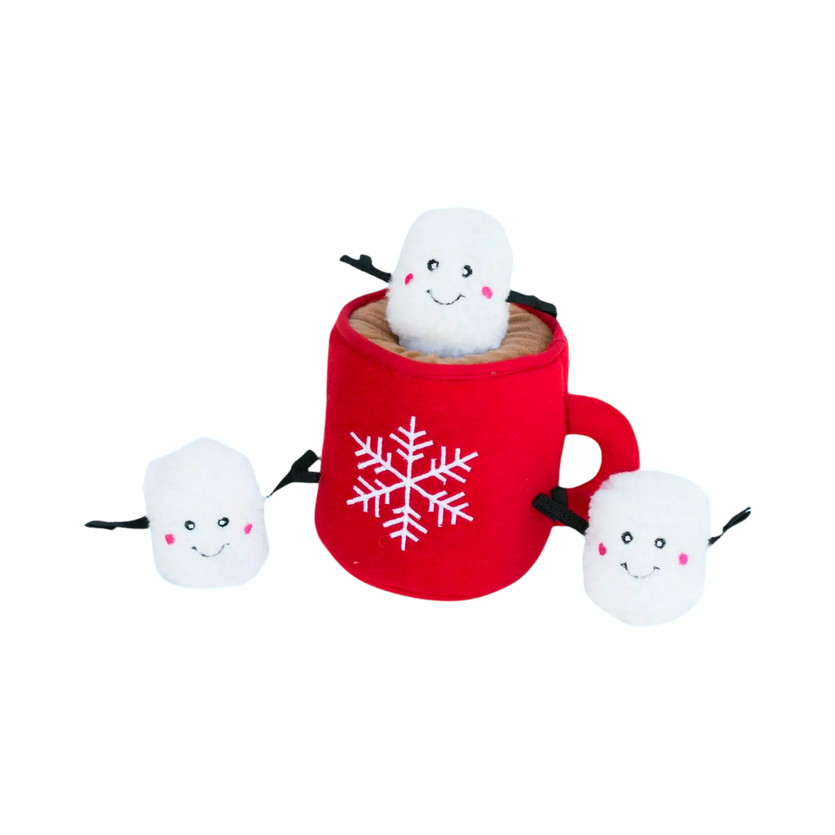 Tasse rouge à flocon blanc et ses trois guimauves
