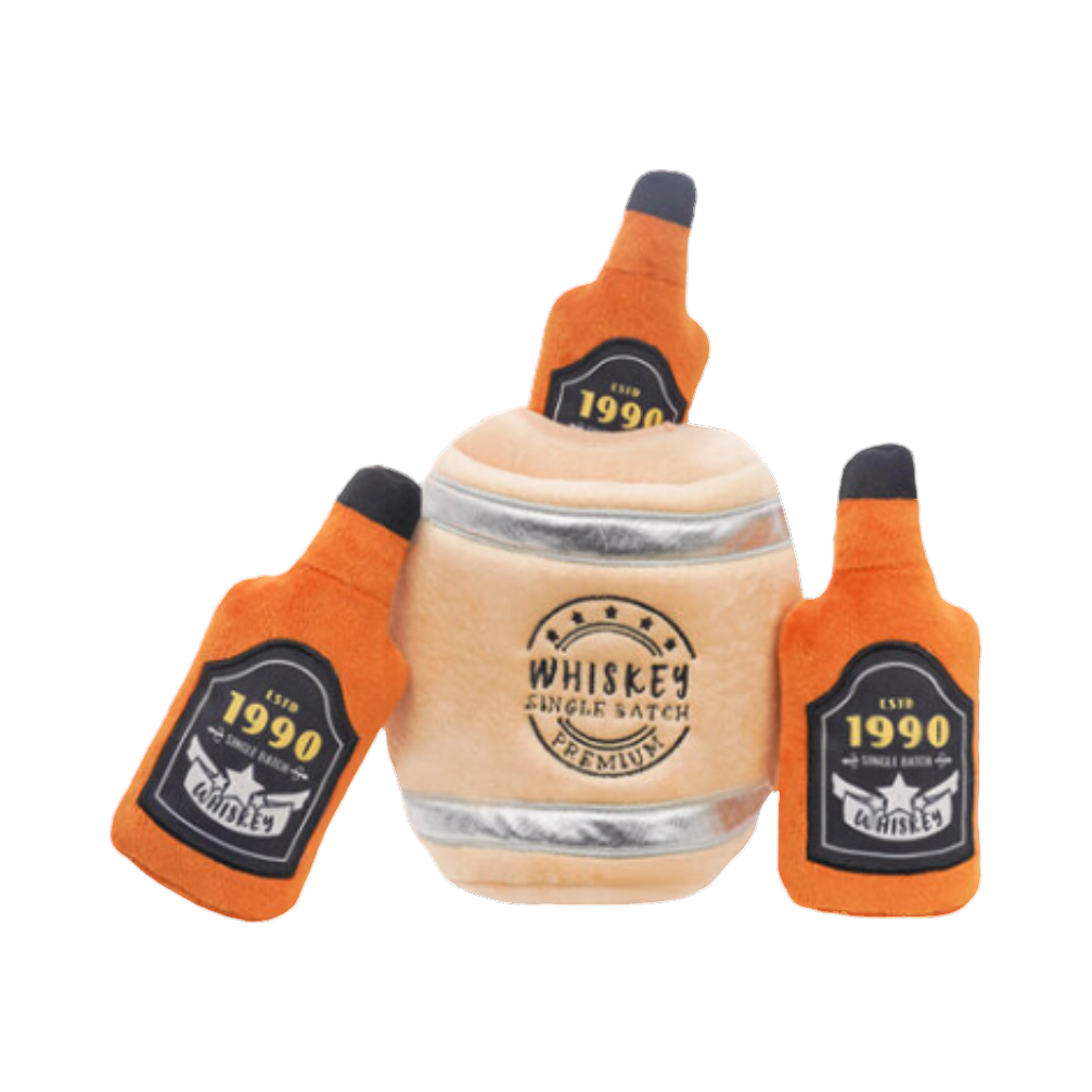 Tonneau beige entouré de trois bouteilles orange millésime 1990