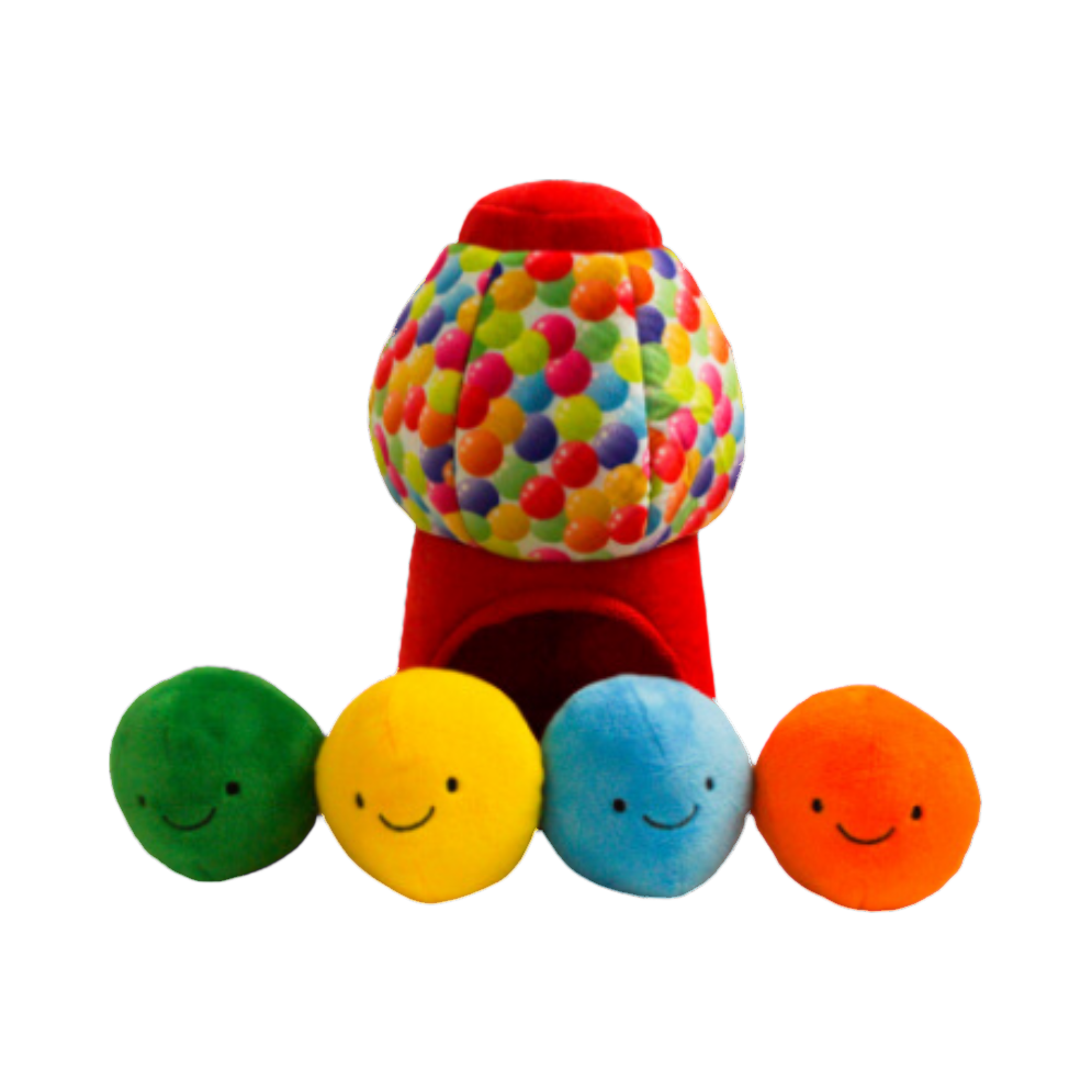 Distributeur rouge à pois multicolores et quatre boules souriantes