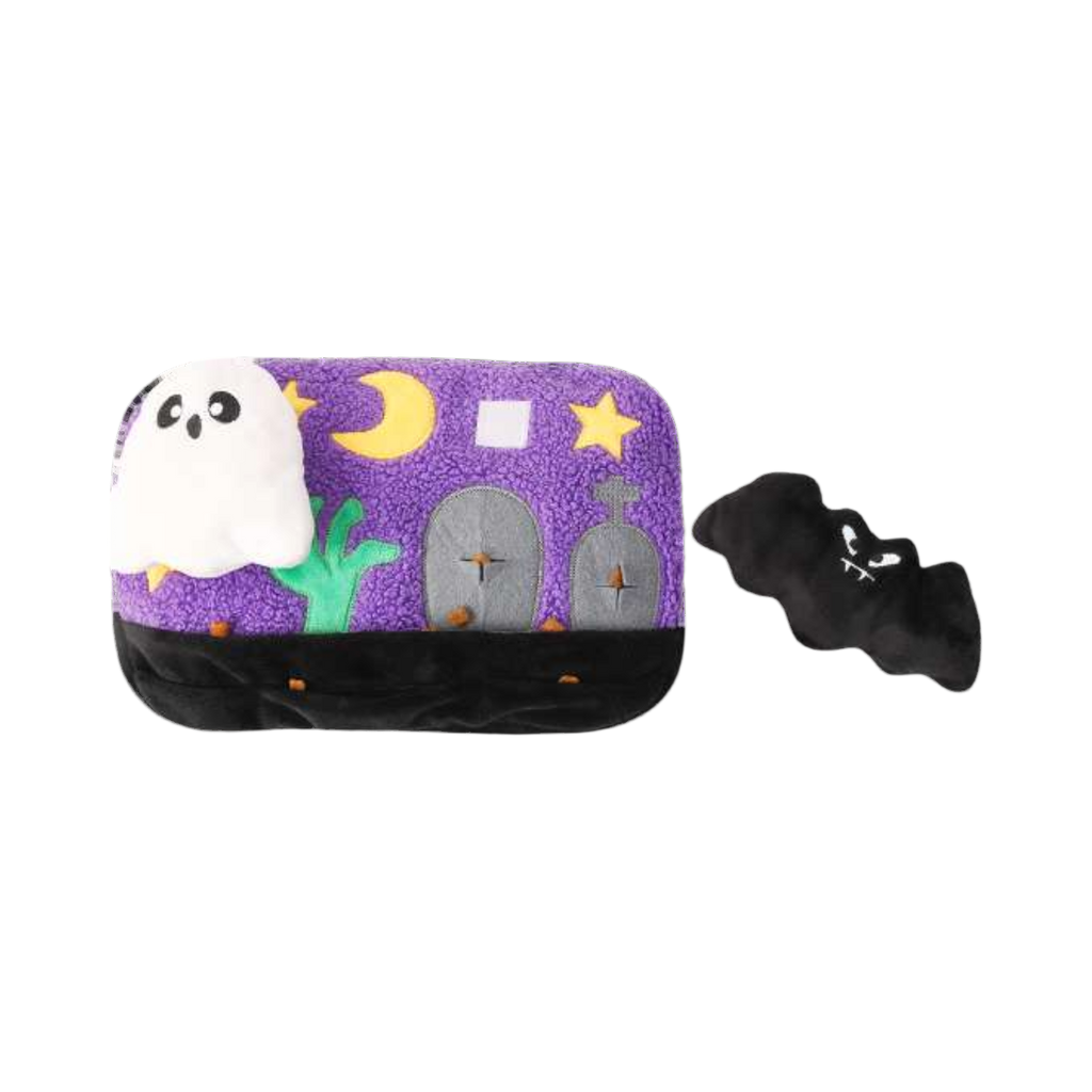 Rectangle violet étoilé avec un petit personnage noir posé à côté