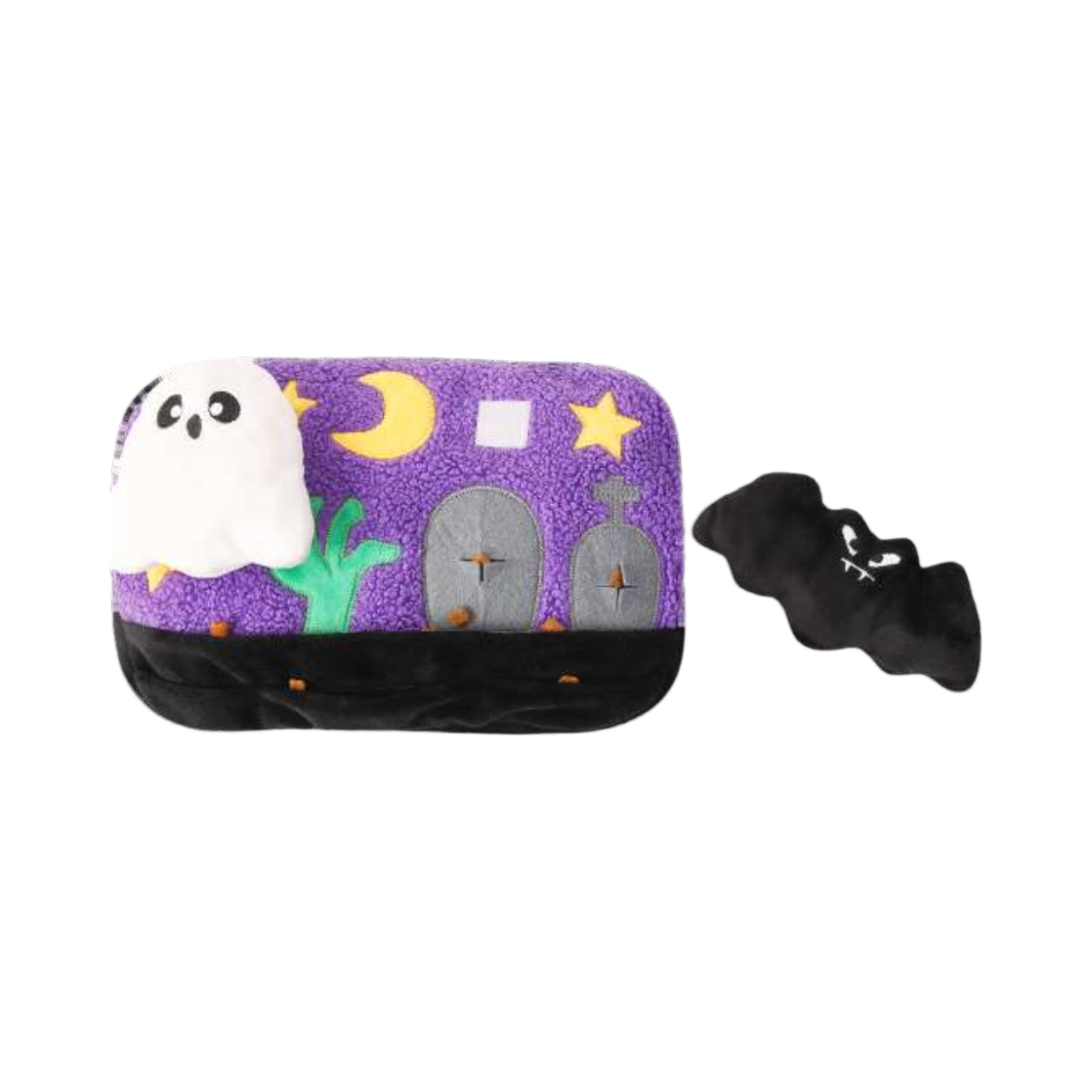 Rectangle violet étoilé avec un petit personnage noir posé à côté