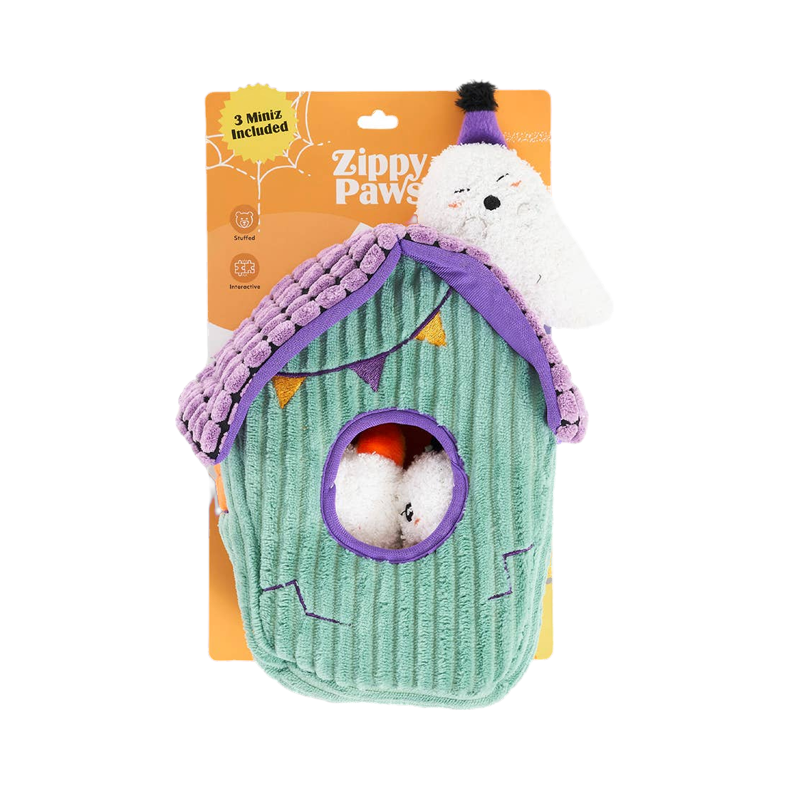 Maison hantée dans son emballage ZippyPaws, un fantôme posé sur le toit