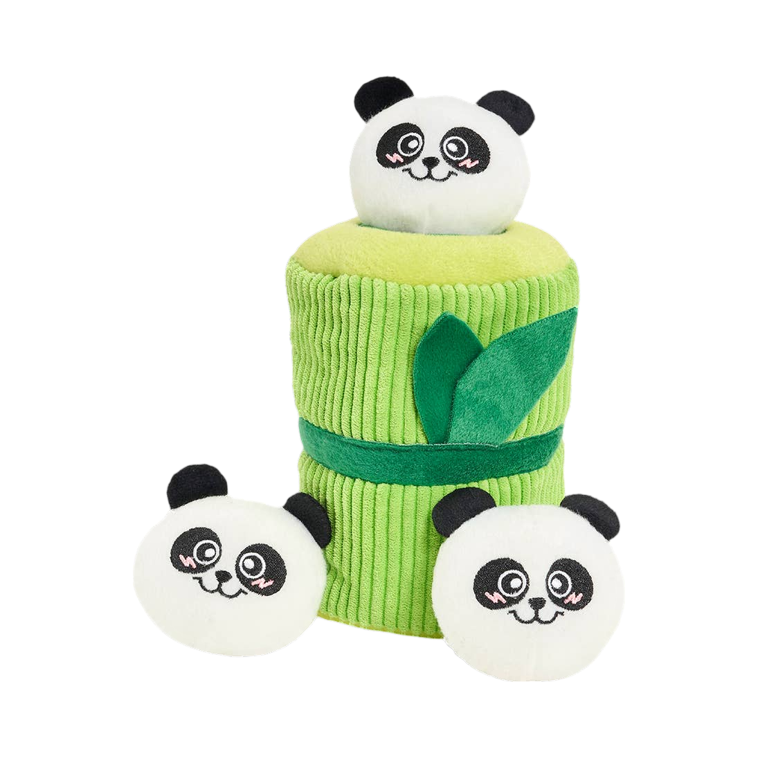 Tube de bambou vert et trois pandas à cacher