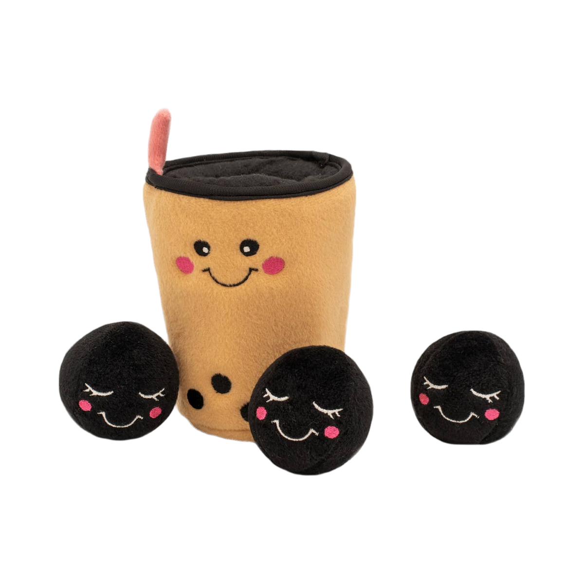 Gobelet avec paille rose, trois perles noires aux yeux fermés
