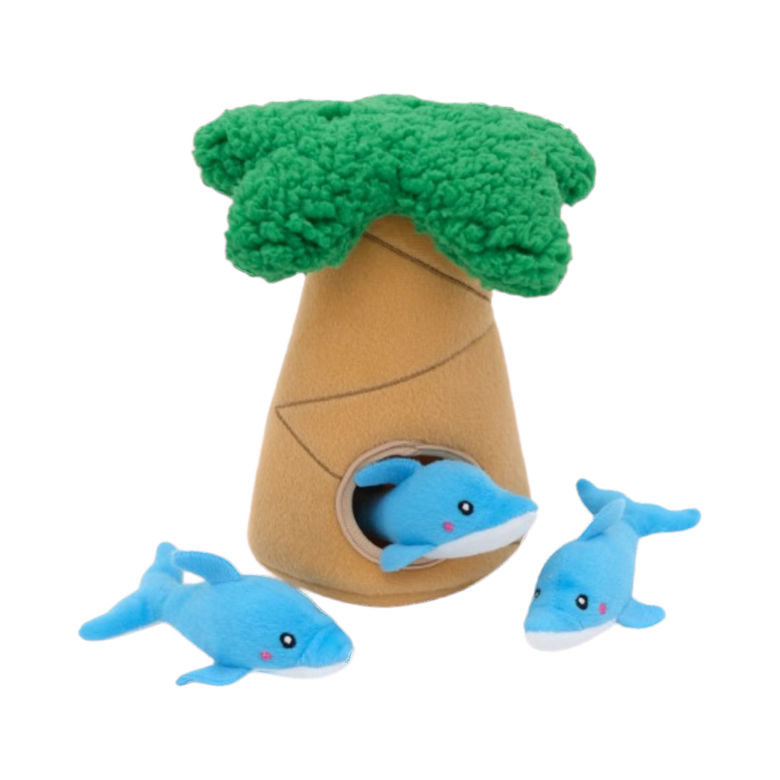 Palmier au feuillage vert bouclé et trois dauphins bleus