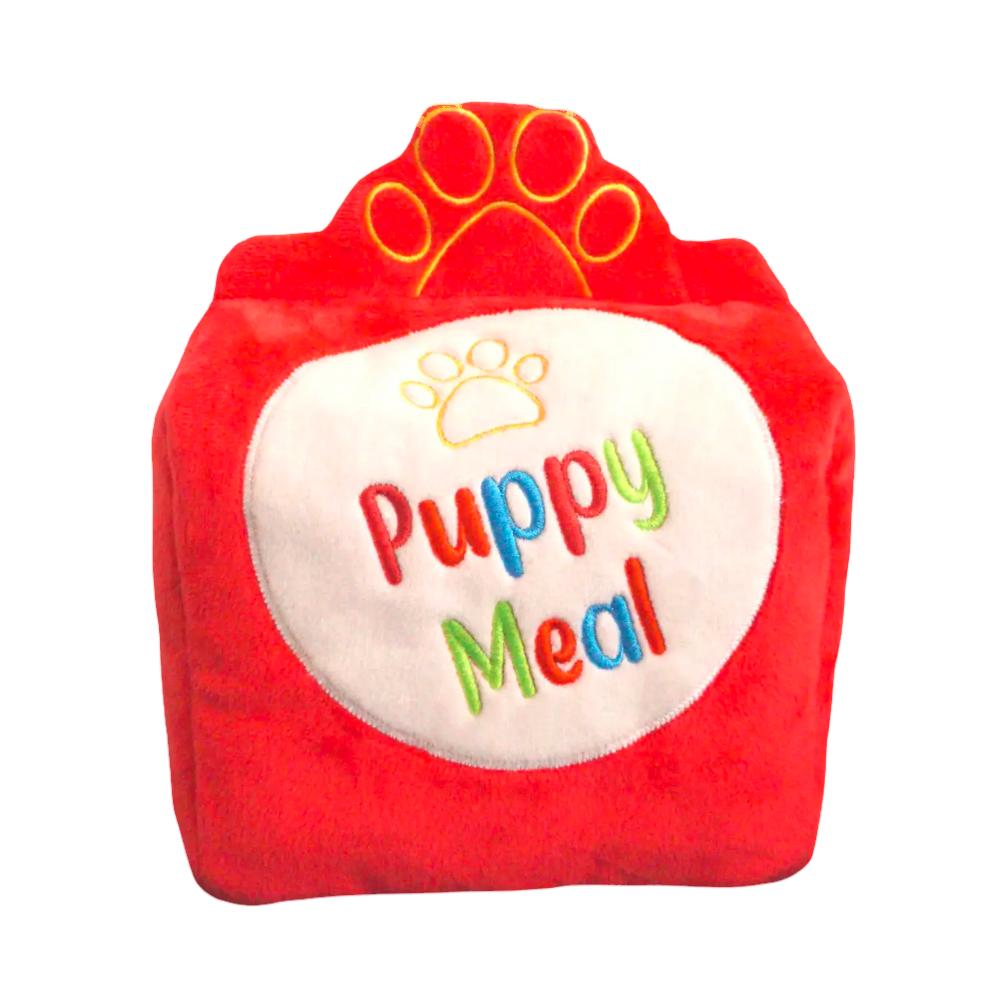 Boîte rouge brodée Puppy Meal avec pattes dorées