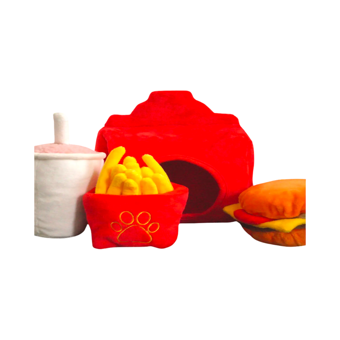 Boîte ouverte avec frites, burger et gobelet à côté