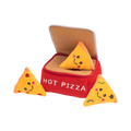 Boîte Hot Pizza rouge ouverte avec parts de pizza souriantes