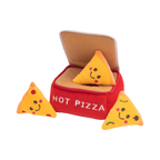 Boîte Hot Pizza rouge ouverte avec parts de pizza souriantes