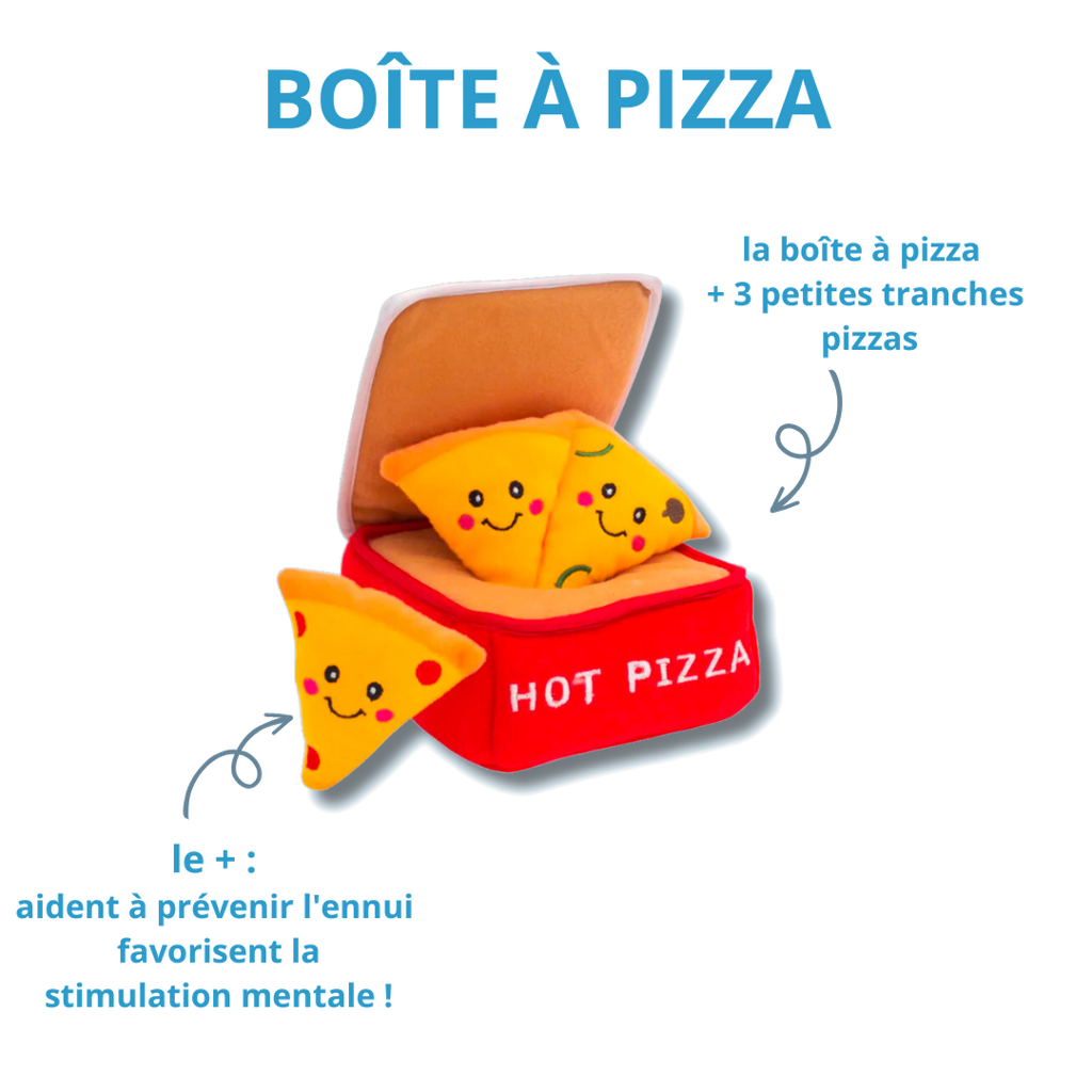 Boîte à pizza et trois parts à cacher pour stimuler le chien