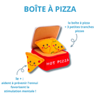 Boîte à pizza et trois parts à cacher pour stimuler le chien