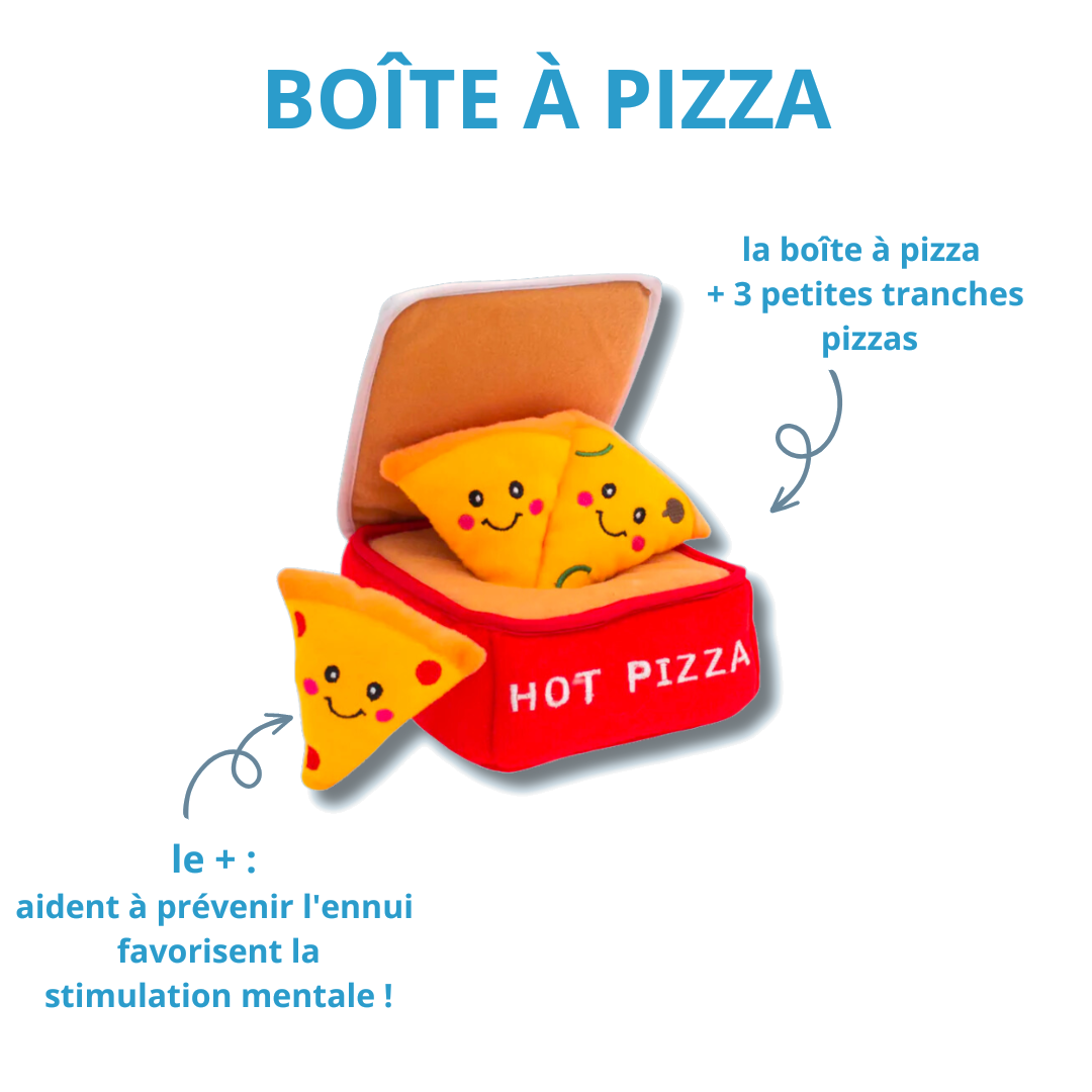 Boîte à pizza et trois parts à cacher pour stimuler le chien