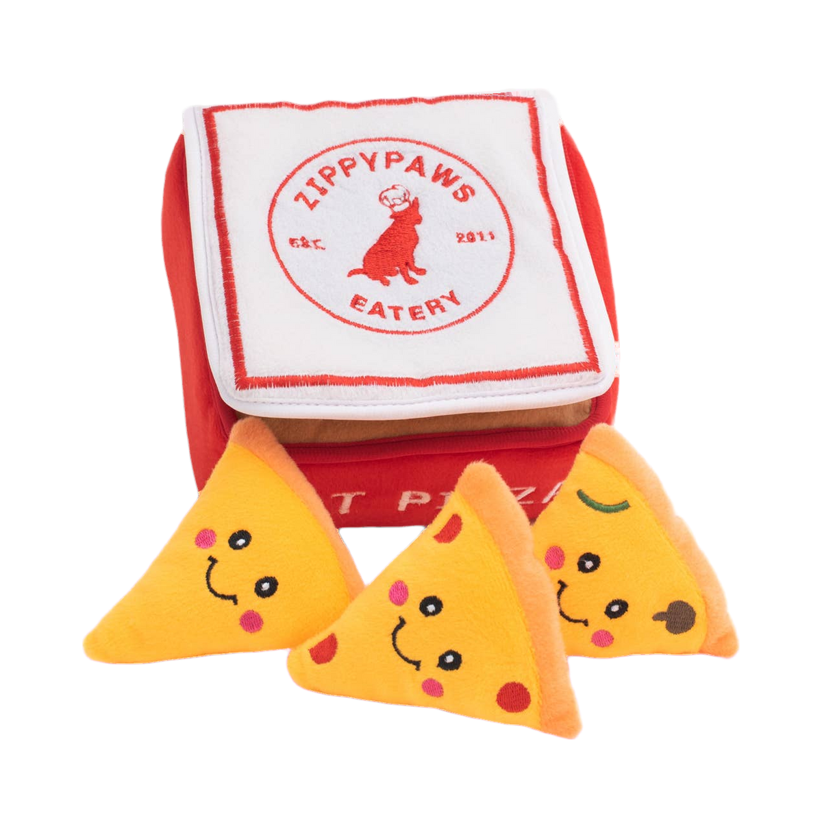Couvercle de la boîte ZippyPaws Eatery et trois parts de pizza