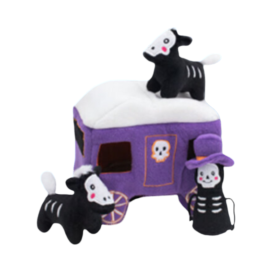 Carrosse violet avec chevaux squelettes et cocher squelette