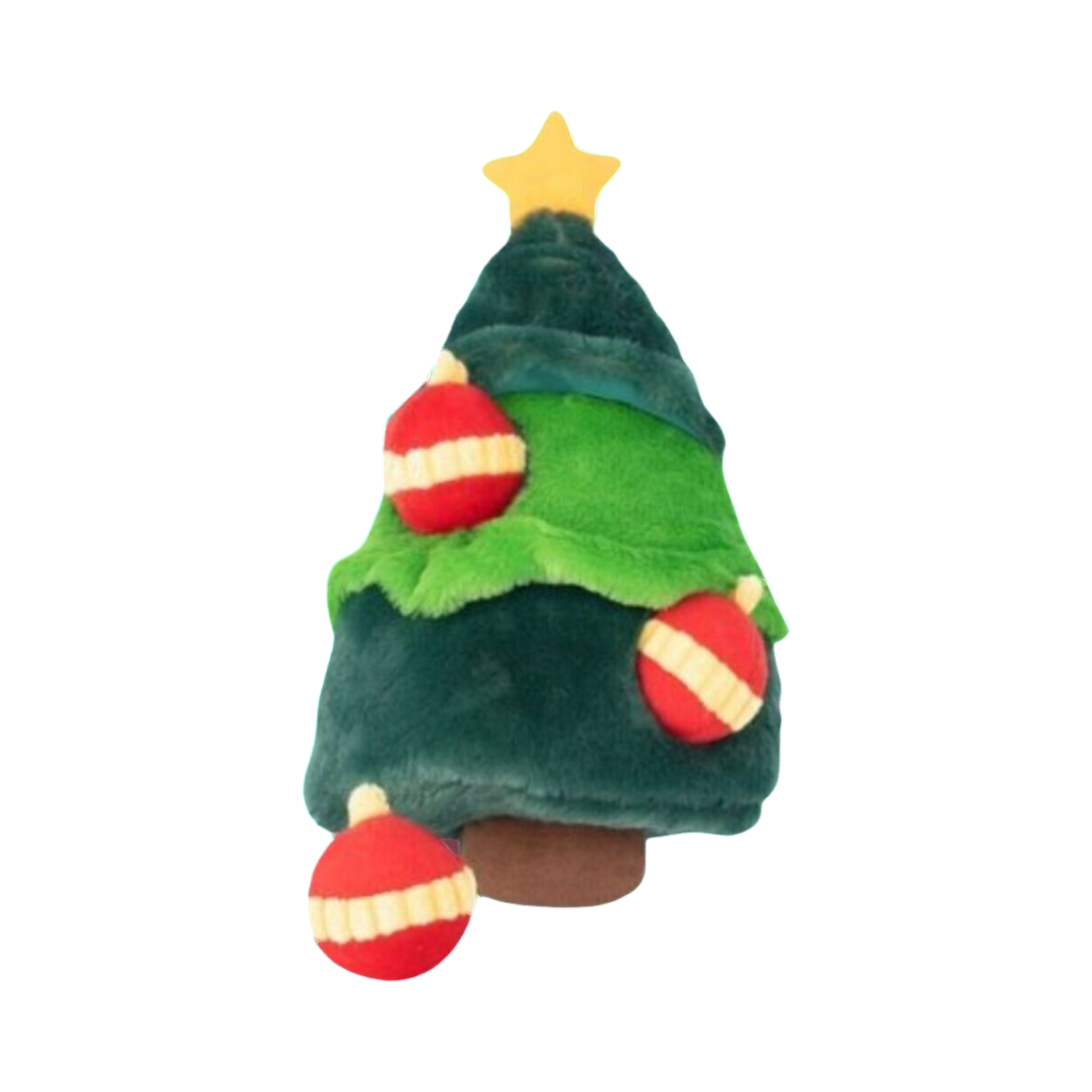 Arbre vert étoilé orné de boules rouges et dorées en peluche