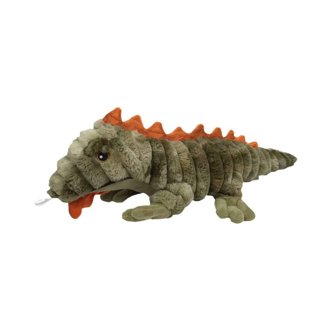 Lézard kaki à crête orange et langue rouge tirée