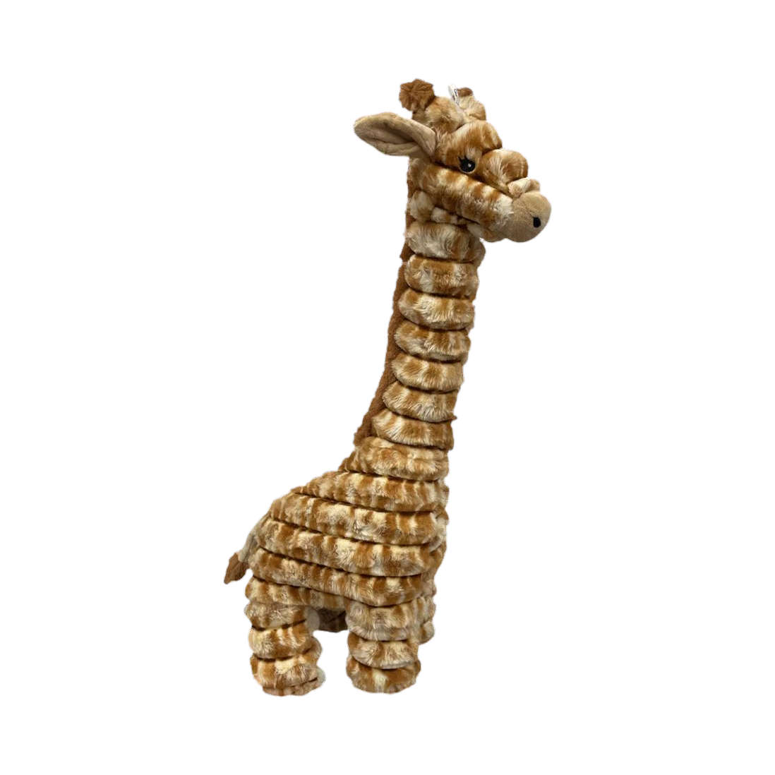 Girafe beige et caramel côtelée, cou tendu, de profil