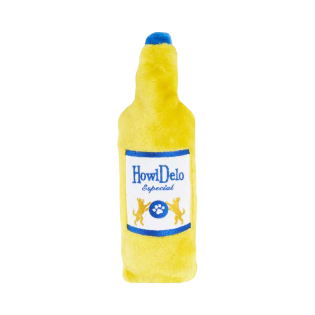 Bouteille jaune à capsule bleue, étiquette HowlDelo