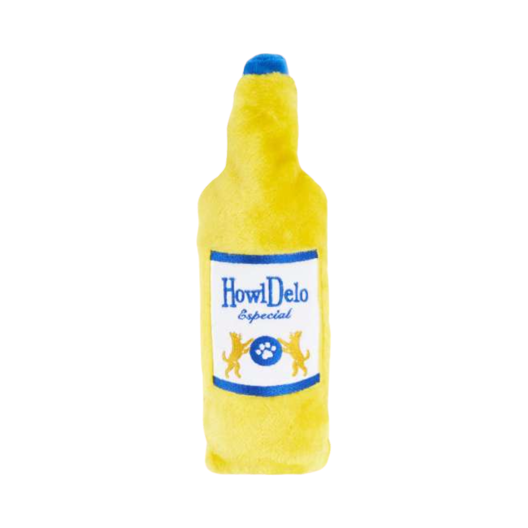 Bouteille jaune à capsule bleue, étiquette HowlDelo