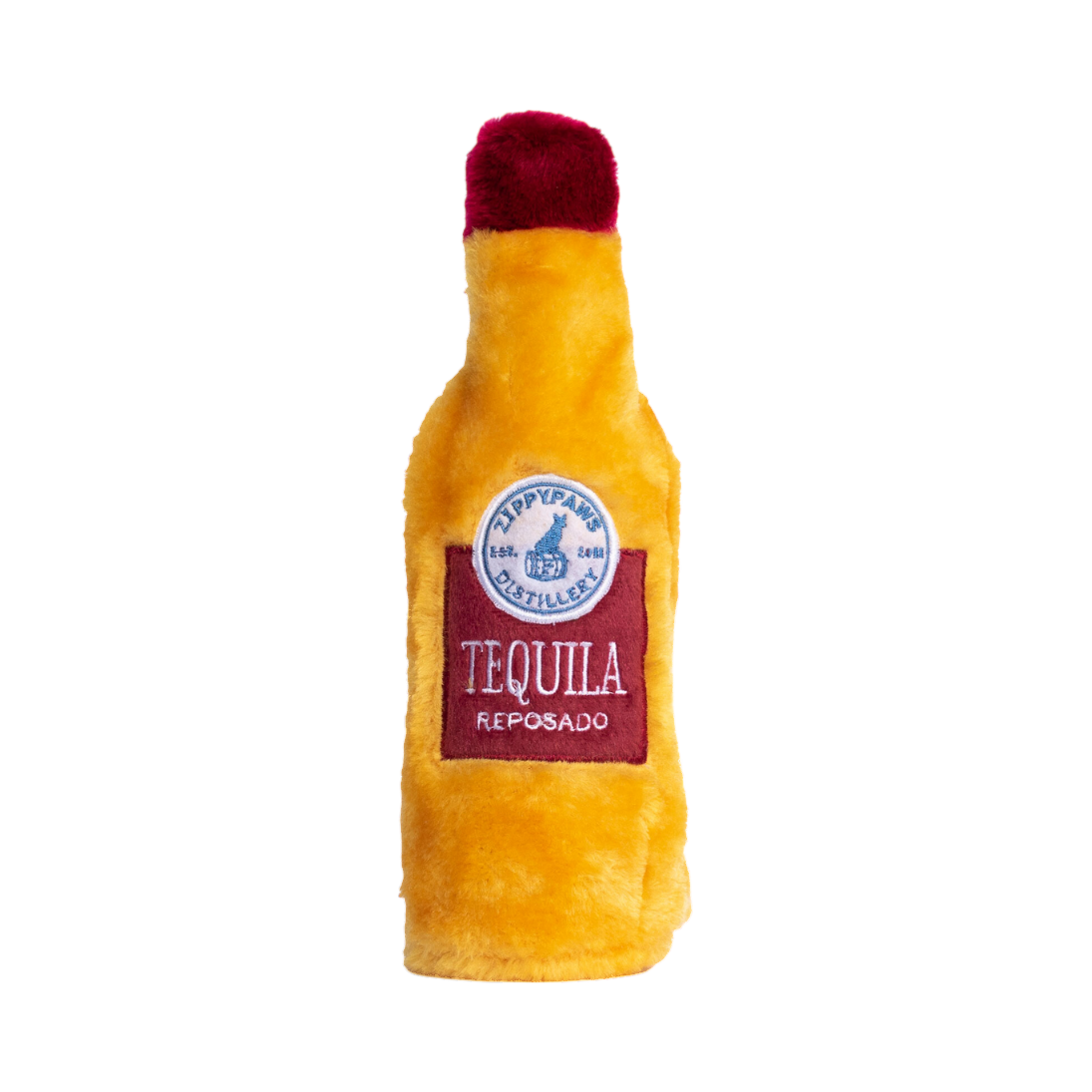 Bouteille orange à bouchon bordeaux et étiquette Reposado