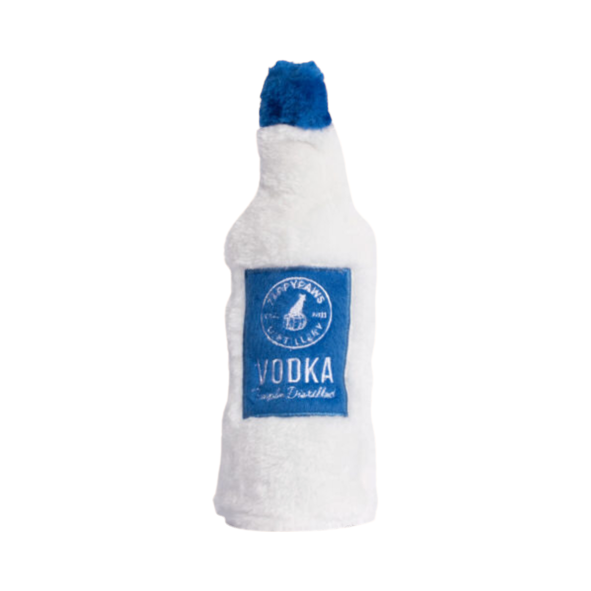Bouteille blanche duveteuse au bouchon bleu et étiquette bleue