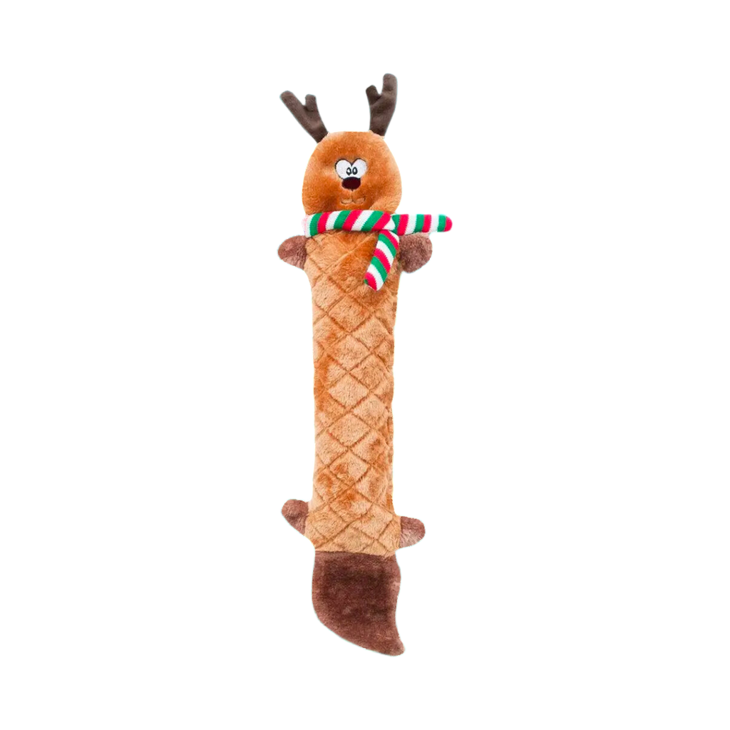 Renne allongé à corps gaufré orange et écharpe rayée