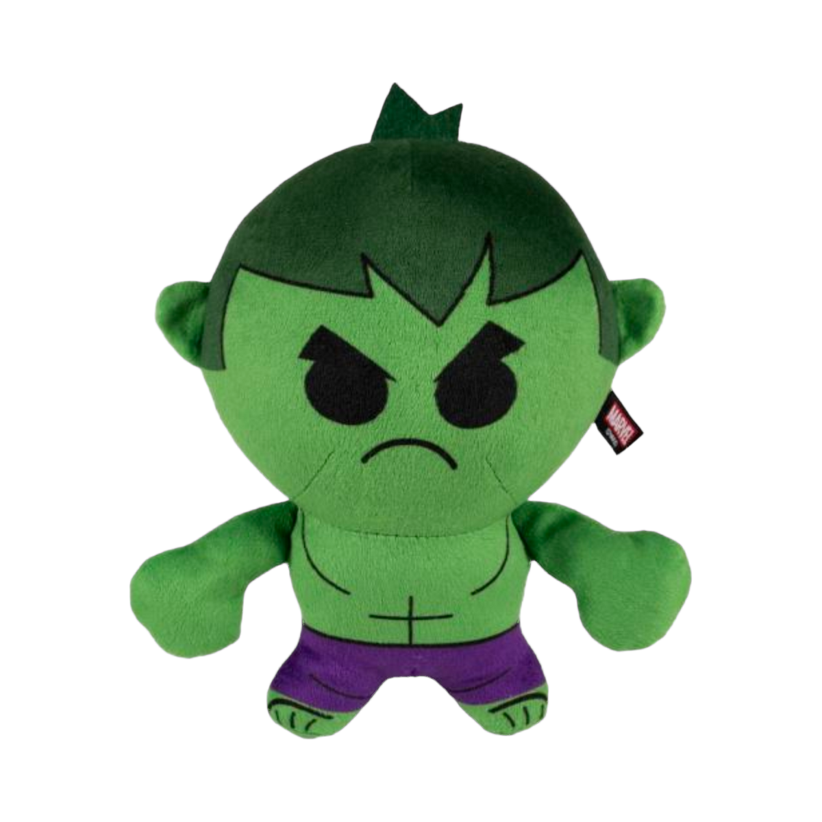 Hulk vert en peluche, sourcils froncés et short violet