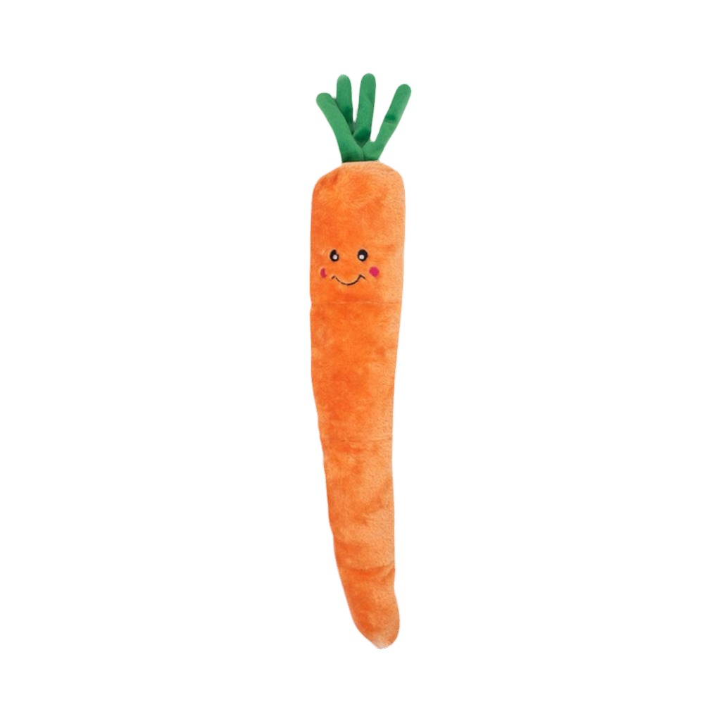 Longue carotte orange souriante aux fanes vertes